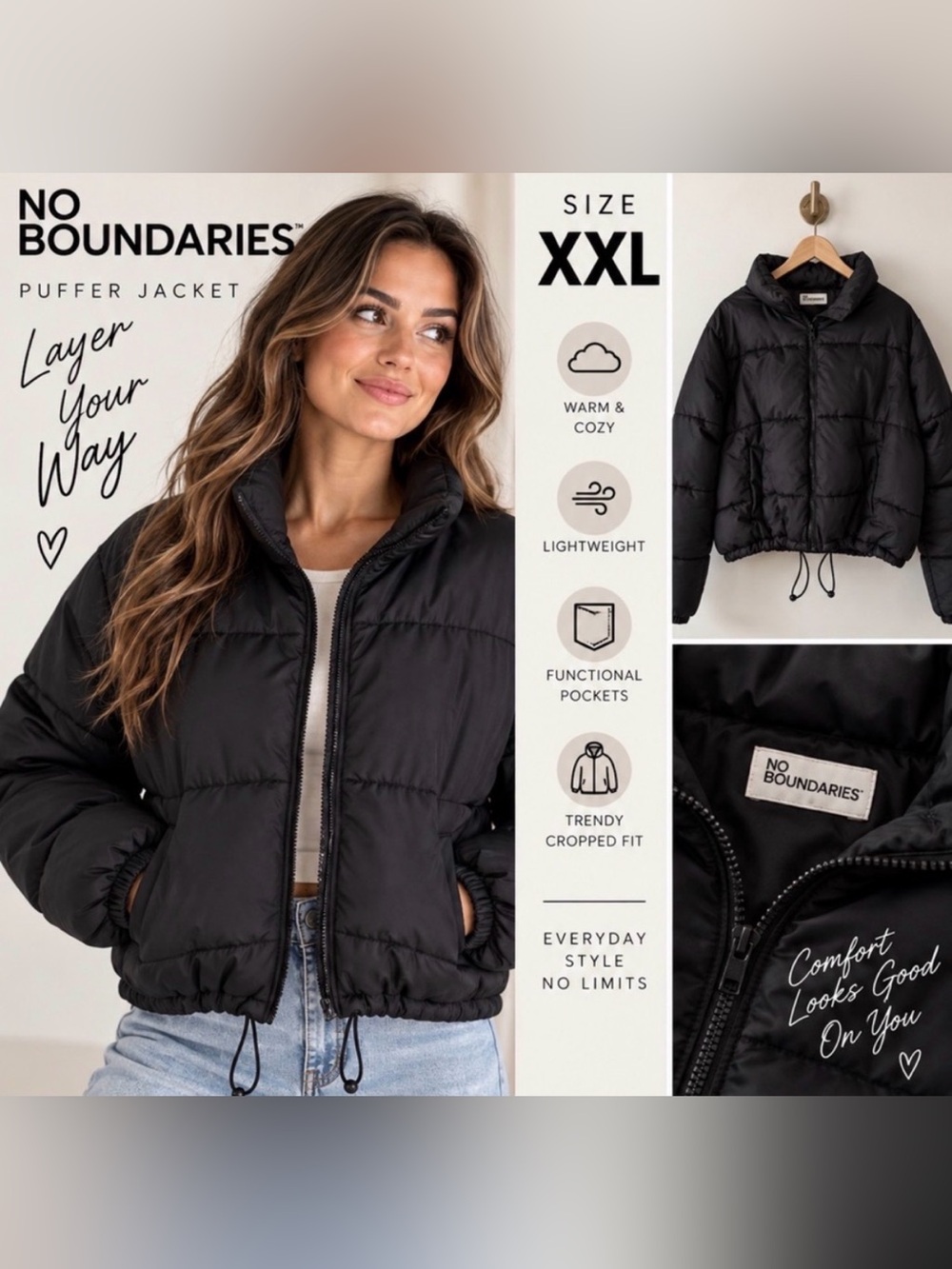 NWOT No Boundaries Black Cropped Puffer Jacket